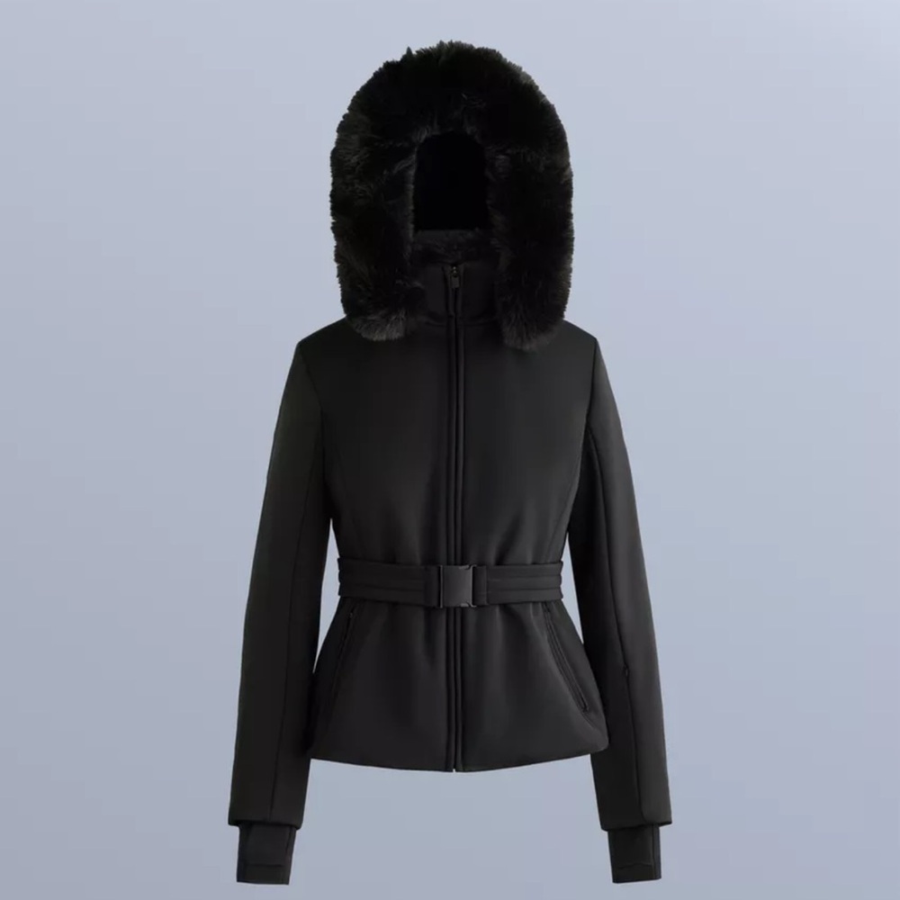 Oysho Womens Ski Coat Jacket Small Black Hooded Belted